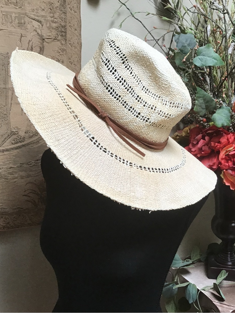 Free People Natural Straw Wide-Brim Sun Hat with Brown Band